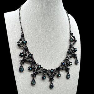 Statement Necklace Faceted Black Stones, Charcoal Metal Chain, Floral Design